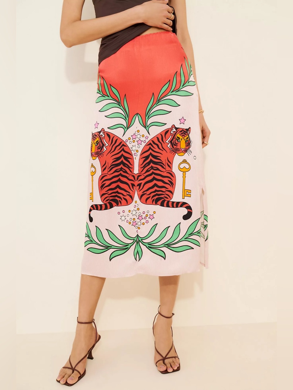 ANTHROPOLOGIE S Bl-nk Lania Slip Midi Skirt • Boho Tiger Print Silky Slit - Picture 10 of 12